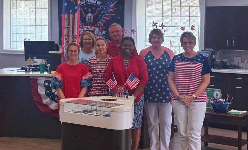 Hemingway branch employees dress in red, white, and blue to celebrate America's 250th birthday