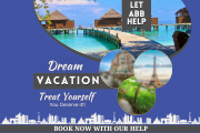 Dream Vacation Treat Yourself four little circles with a beach, garden, city, & tower images