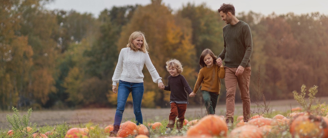 A family of four walking through a pumpkin patch while holding hands