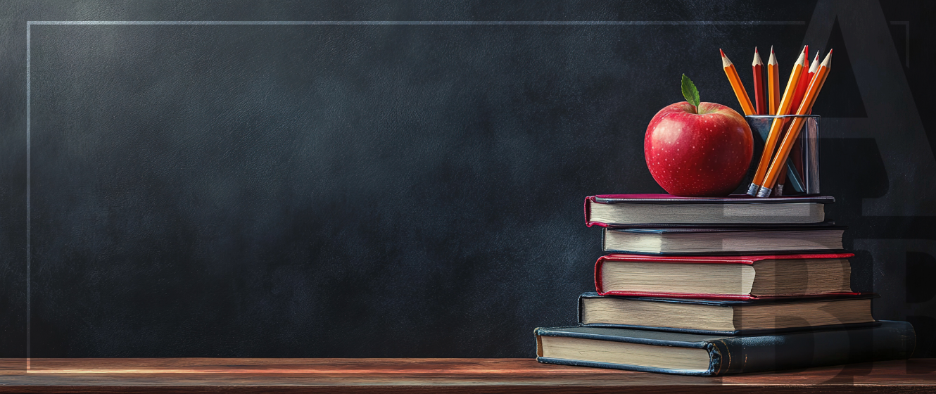 Apple and a jar of pencils on top of a stack of books with a chalkboard background.